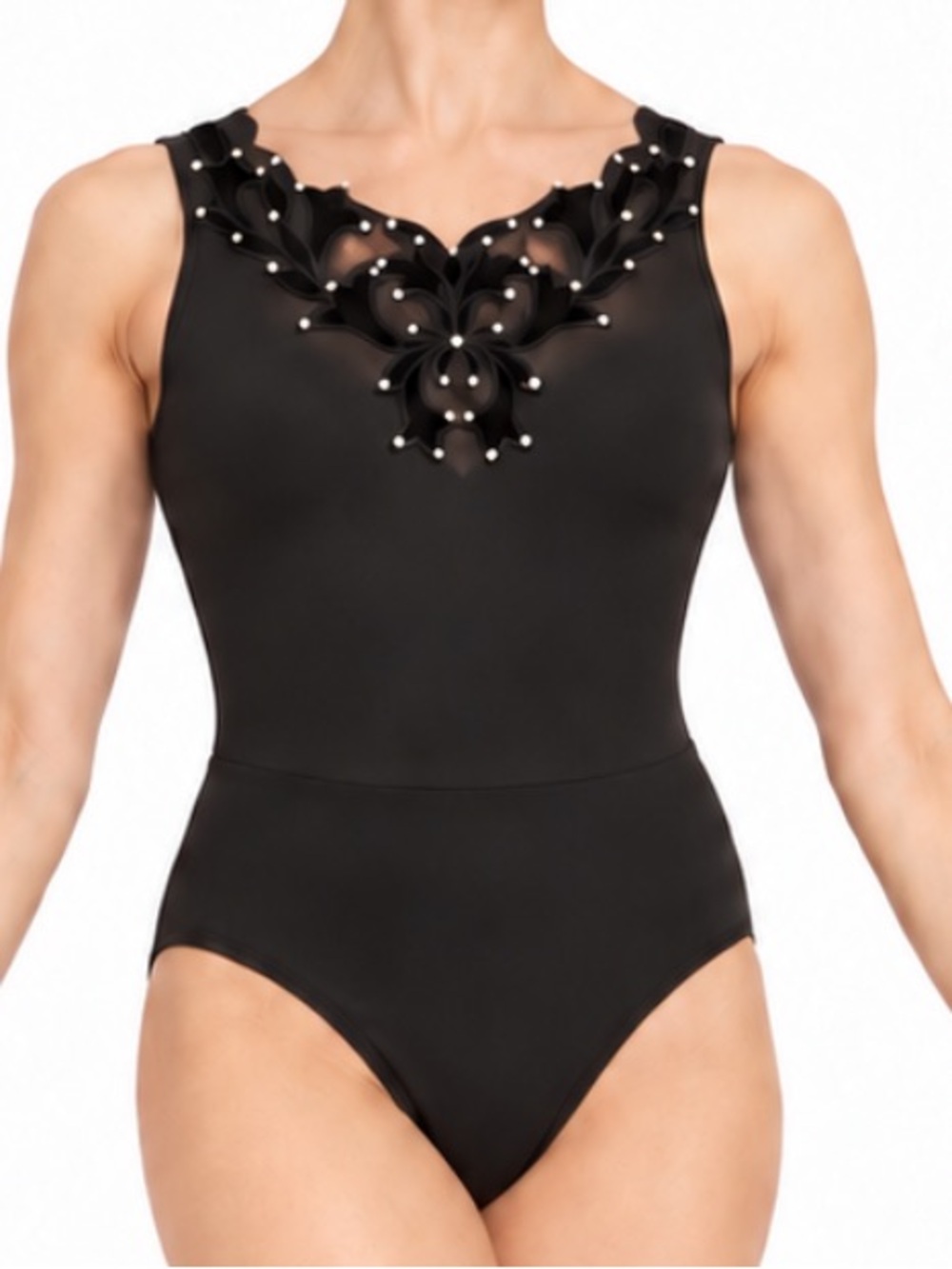 Black Floral Mesh Rhinestone Sleeveless Dance Ballet Leotard SZ MED